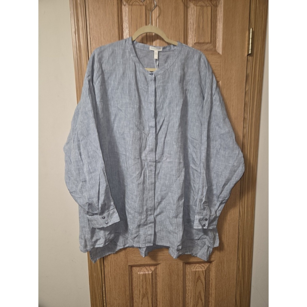 Eileen Fisher New Mandarin Collar Long Shirt Tunic Top Organic Linen Plus 2x